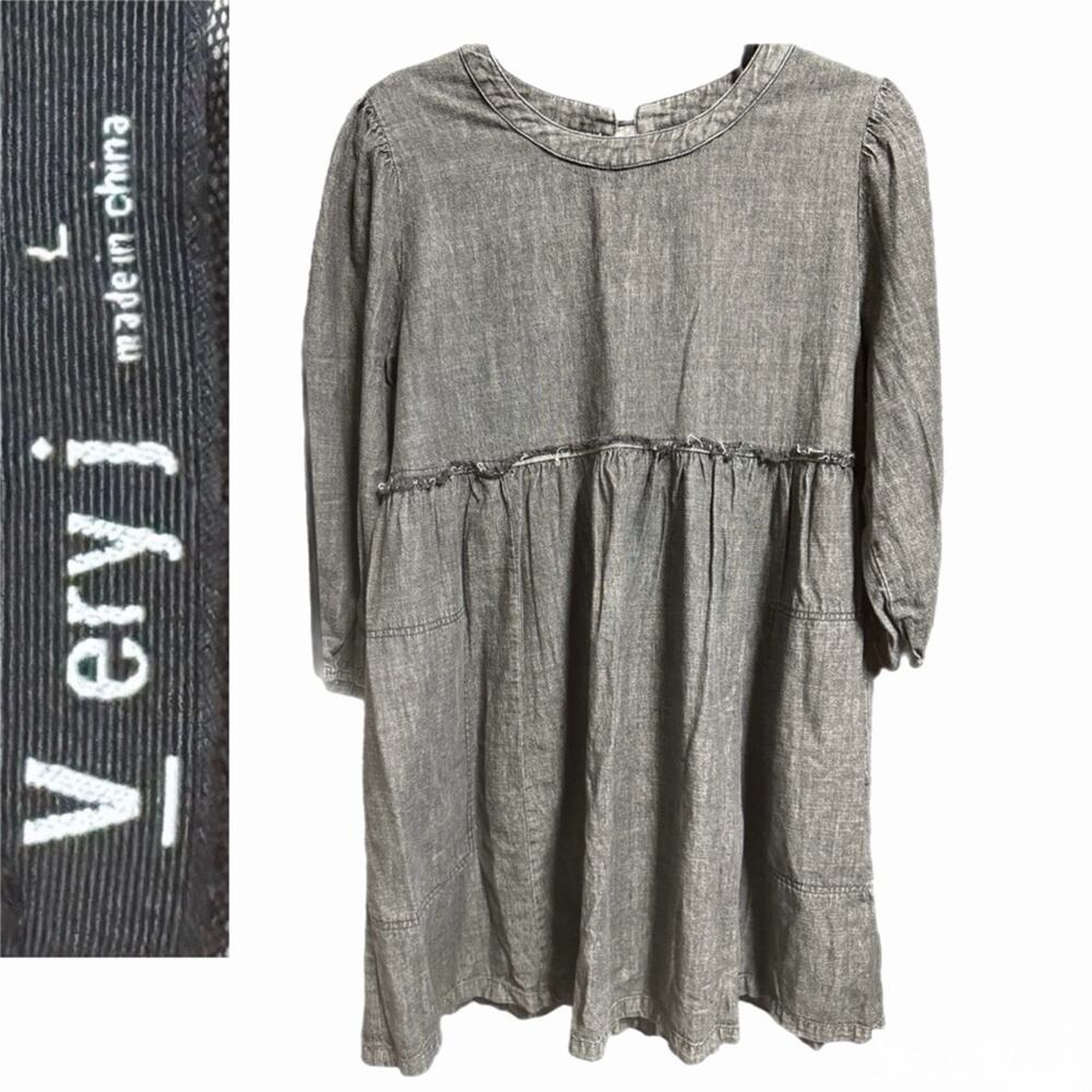 VERY J Denim Black Babydoll Dress | 3/4 Sleeve | Size Large